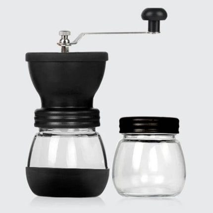 Portable Manual Coffee Grinder For Fresh Ground Beans - compact black hand grinder with ceramic burr and spare glass jar, travel-friendly manual coffee mill