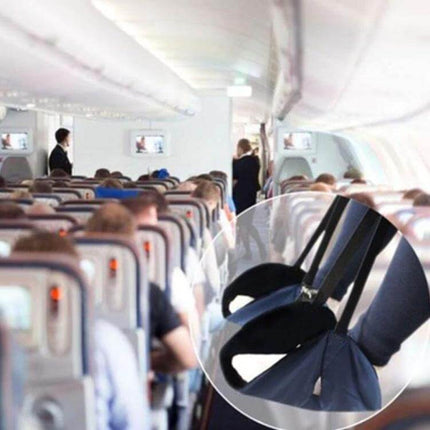 Portable Mini Foot Rest Hammock For Office Chair Black shown attached under airplane tray table offering ergonomic foot support for travel and office