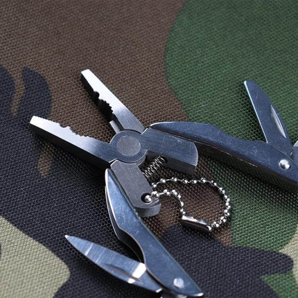 Portable Multifunction Folding Plier Keychain For Everyday Carry stainless steel compact pliers, screwdriver and knife on camouflage background