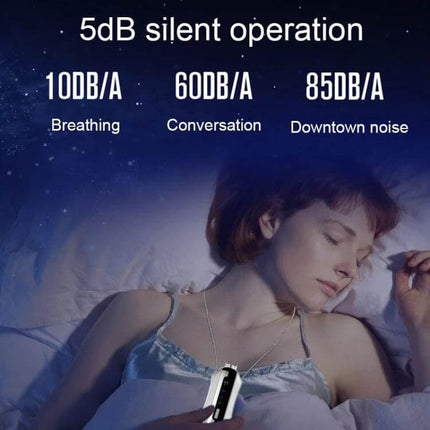 Portable Negative Ion Neck Purifier Chain Style White For Daily Use worn by sleeping woman showing 5dB silent operation and LED display