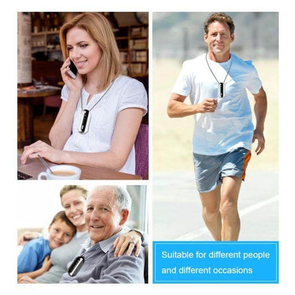Portable Negative Ion Neck Purifier Chain Style White For Daily Use worn by different people commuting, jogging, and at home with LED display