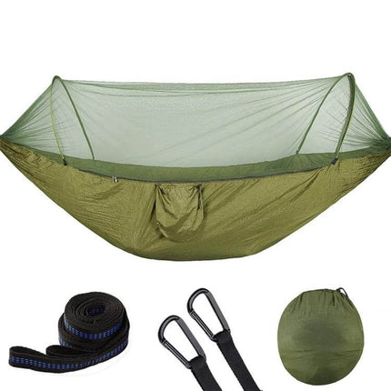 Portable Outdoor Camping Nylon Parachute Hammock 250x120cm with built-in mosquito net, straps, carabiners and storage pouch – olive green, lightweight