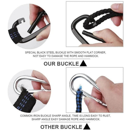 Portable Outdoor Camping Nylon Parachute Hammock 250x120cm showing steel and iron buckle comparison and carabiner attachment close-up