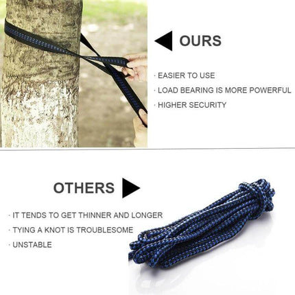 Portable Outdoor Camping Nylon Parachute Hammock 250x120cm - tree straps and rope comparison showing easier secure setup with integrated straps and knot-free fastening