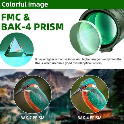 Portable Outdoor Night Vision Monocular For Hiking Adventures showing FMC & BAK-4 prism comparison and 12x 42mm lens, waterproof durable field optics