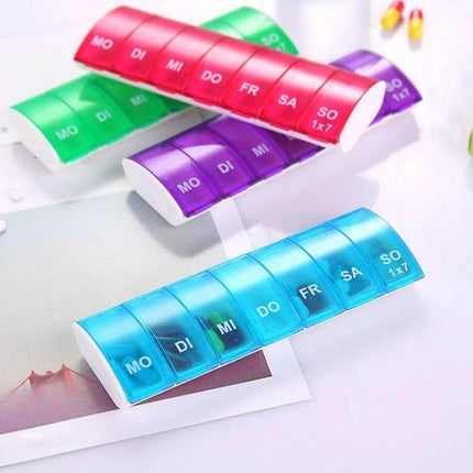 Portable Seven-Part Mini Storage Pill Box For Weekly Meds compact translucent single-row seven compartments for Monday to Sunday