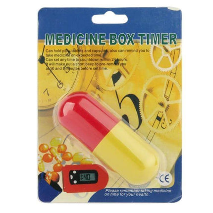 Portable Timer Pill Box Keychain Medicine Reminder compact red-yellow pill-shaped timer with digital display on blister pack