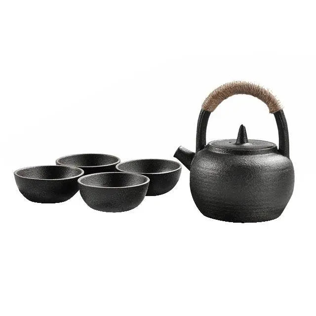 Portable Travel Ceramics Loop Handle Teapot Teacup Set Black White 