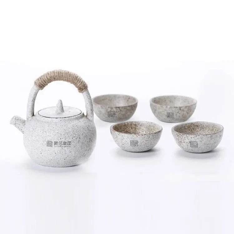 Portable Travel Ceramics Loop Handle Teapot Teacup Set Black White 