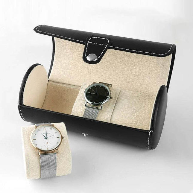 Portable Travel Watch Cylinder Case For Three Watches - black PU leather with soft lining holding two watches, compact travel storage
