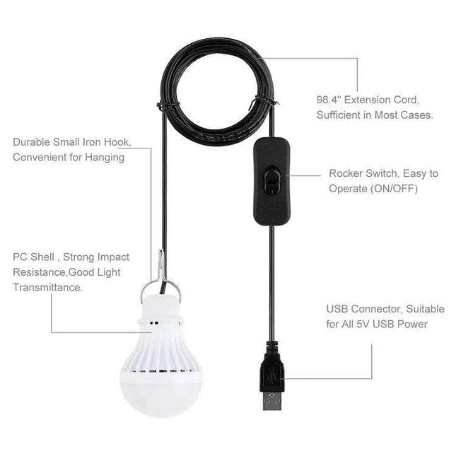 Portable USB Camping Light For Emergencies And Outdoor Use - USB-powered hanging LED lantern with 98.4" cord, rocker switch, iron hook and USB connector