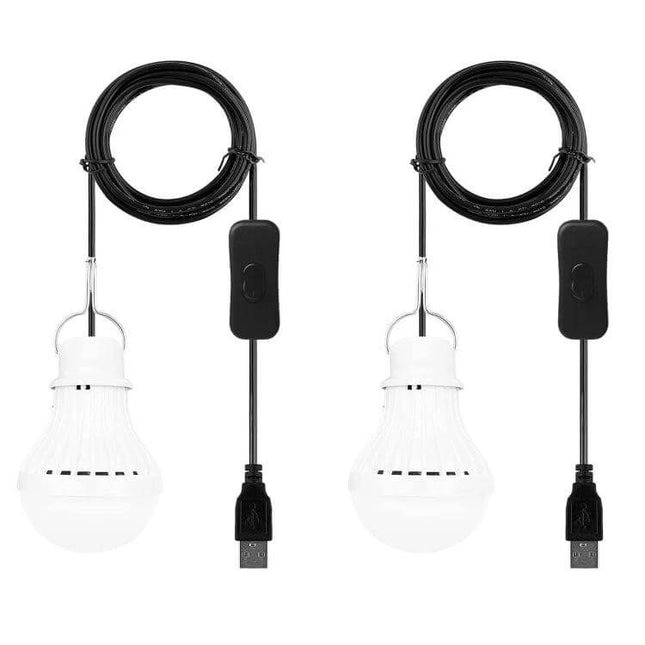 Portable USB Camping Light For Emergencies And Outdoor Use shown as twin USB-powered hanging LED lanterns with 180° beam and inline switch