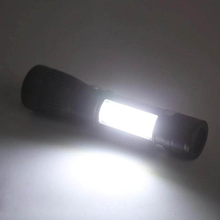 Portable USB Charging LED Flashlight One Click Operation showing bright side panel light for camping, car kit, and emergency power