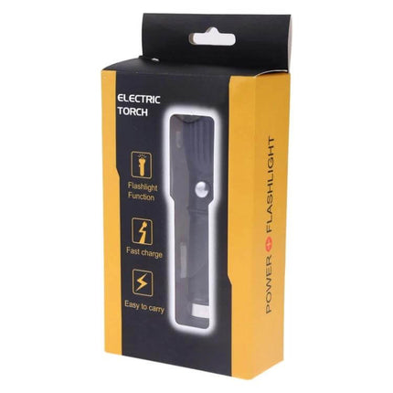 Portable USB Charging LED Flashlight One Click Operation in retail packaging showing torch, fast charge and easy-to-carry icons