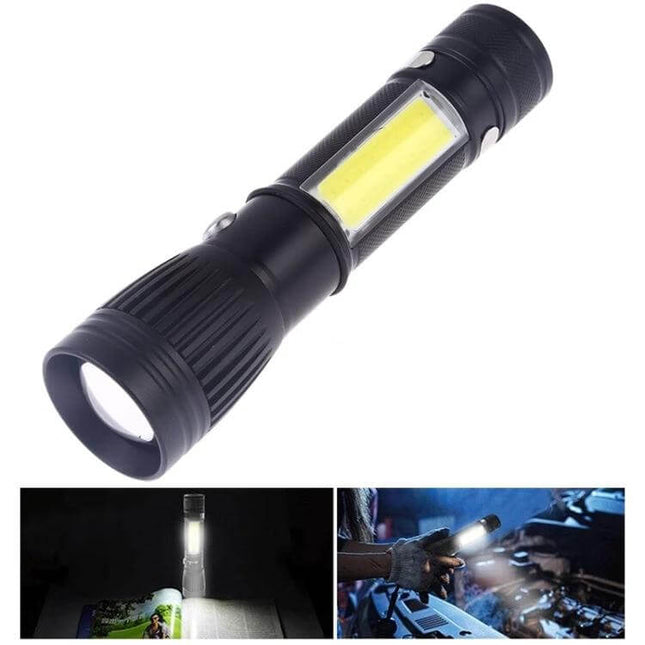 Portable USB Charging LED Flashlight One Click Operation compact emergency light with COB side beam and front torch for camping, car kits, and power outages