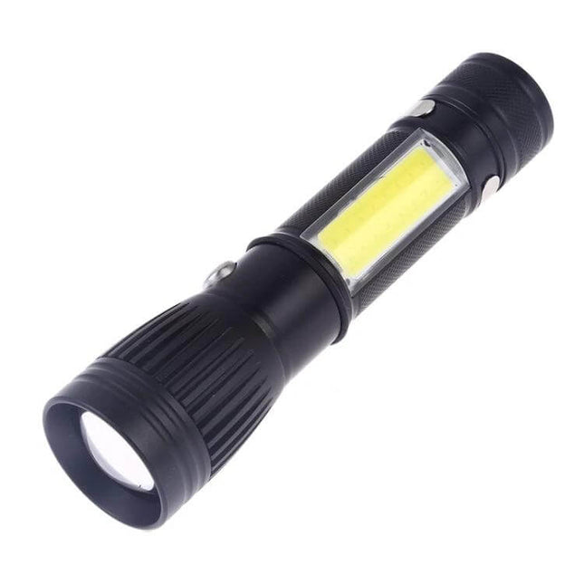 Portable USB Charging LED Flashlight One Click Operation compact black LED torch with side COB panel and USB charging port