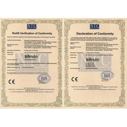 Portable UVC LED Light Sterilizer Handheld Disinfection Lamp displayed with RoHS and CE certification documents