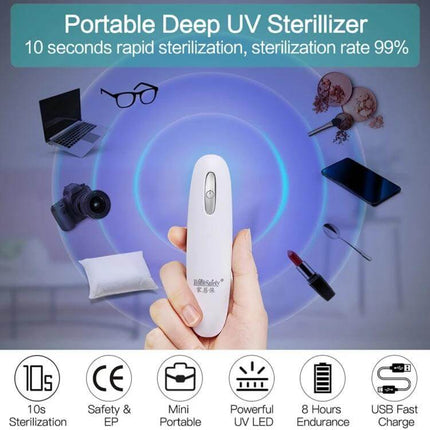 Portable UVC LED Light Sterilizer Handheld Disinfection Lamp in hand disinfecting phone, glasses, makeup and baby items, compact travel UV-C sterilizer