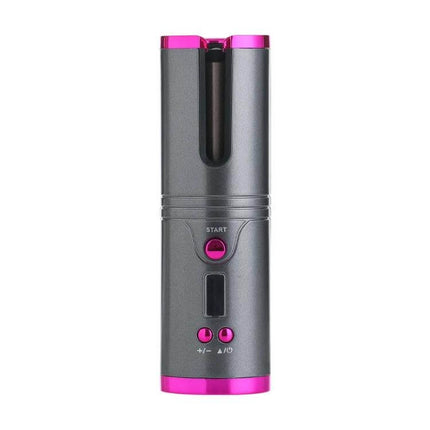 Portable USB Hair Curler Gray for Quick Everyday Styling at Home - compact gray USB cordless curler with U-shaped entry, automatic rotation and pink accents