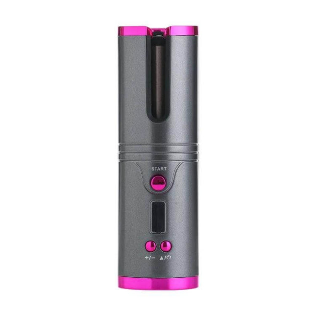 Portable USB Hair Curler Gray for Quick Everyday Styling at Home - compact gray USB cordless curler with U-shaped entry, automatic rotation and pink accents
