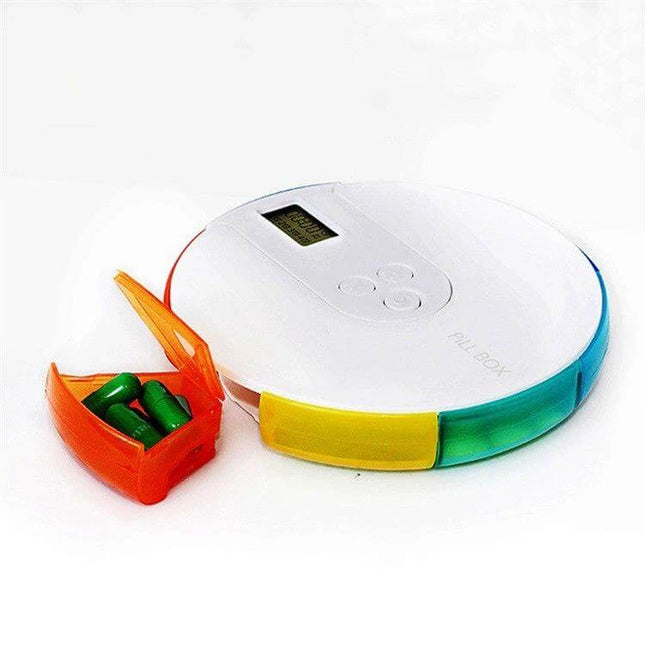 Portable Weekly Pill Box With Reminders For Everyday Meds - compact round weekly organizer with seven color compartments, adjustable alarms and waterproof double-seal.