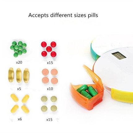 Portable Weekly Pill Box With Reminders For Everyday Meds showing seven color compartments holding various pill sizes and an open waterproof compartment