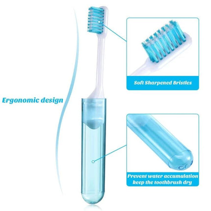 Portable Folding Travel Toothbrush With Soft Bristles in clear travel case with soft PBT bristles and ventilation base for dry storage