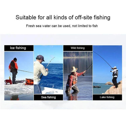 Portable Ice Fishing Rod, 27 cm, Lightweight for Easy Carry compact carbon fiber rod shown in ice, sea, wild and lake fishing scenes