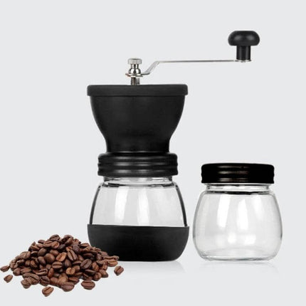 Portable Manual Coffee Grinder For Fresh Ground Beans with ceramic conical burr, compact travel design and spare glass jar