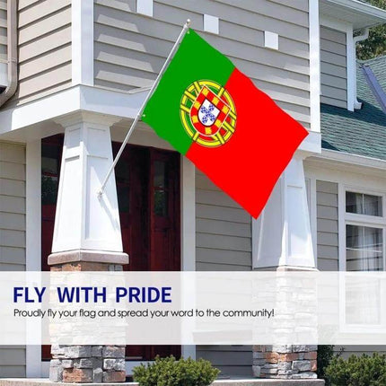 Portugal Flag 90x150cm For Indoor And Outdoor Display hanging on porch flagpole, double-sided polyester, vibrant national colors