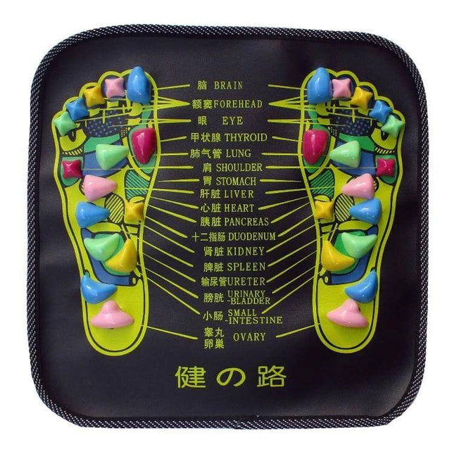 PP Foot Reflexology Pad With Quadrate Stones For Foot Massage 35x35cm on black reflexology mat with labeled foot zones and colorful square stones