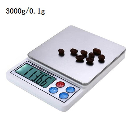 Precision Digital Kitchen Scale For Accurate Ingredient Measurements - stainless steel 3000g/0.1g digital scale with 2.2" LCD showing coffee beans and 5-digit display