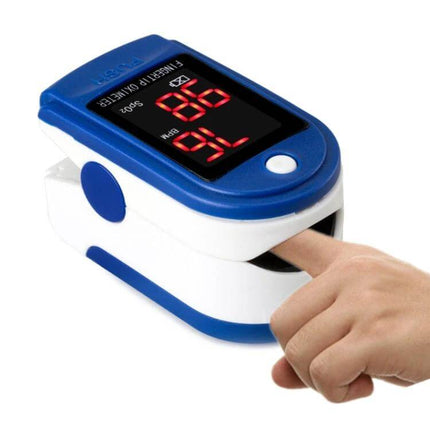 Precision Finger Pulse Oximeter For Blood Oxygen Monitoring showing fingertip use with red LED display reading SpO2 and pulse rate