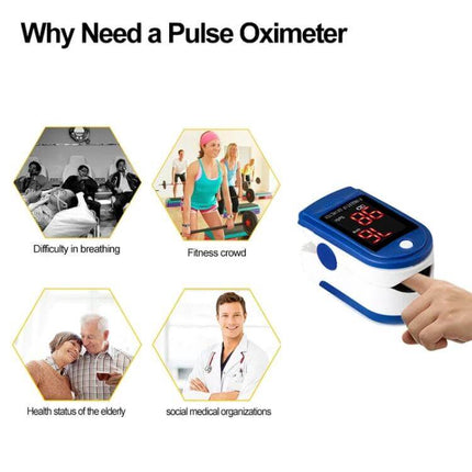 Precision Finger Pulse Oximeter For Blood Oxygen Monitoring - fingertip device showing red LED SpO2 and pulse readouts for exercise, elderly care, and travel monitoring