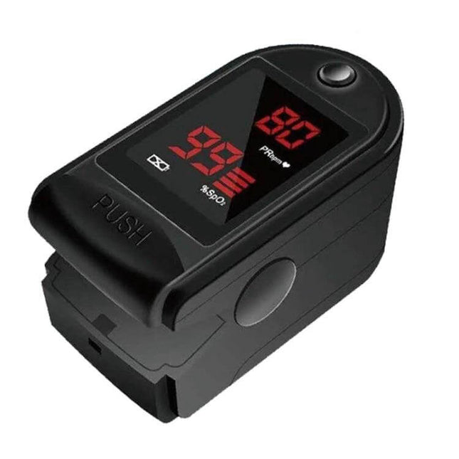 Precision Finger Pulse Oximeter For Blood Oxygen Monitoring with red LED nixie-tube style display showing 99% SpO2 and pulse rate