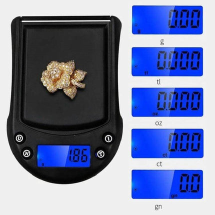 Precision Palm Scale For Jewelry 200g Capacity For Small Items compact ABS digital jewelry scale showing gold brooch and multi-unit blue backlit display