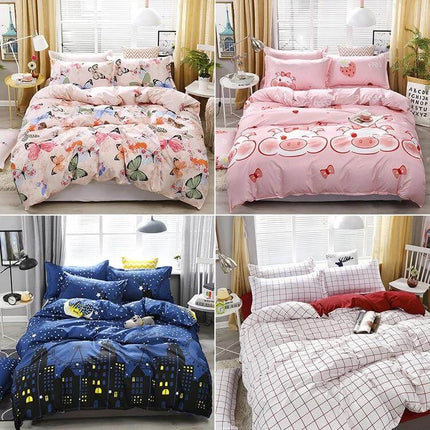 Printed Bedding Set 4Pc For 1.2-2.2m Beds With Pillowcases - four colorful printed duvet cover sets (butterfly, pig, night sky, grid) for multiple bed sizes