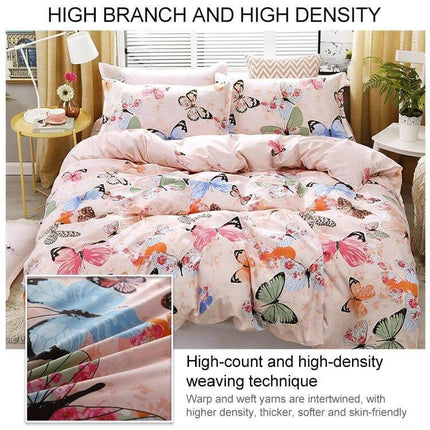 Printed Bedding Set 4Pc For 1.2-2.2m Beds With Pillowcases - Pink Butterfly Printed Duvet Cover Flat Sheet And 2 Pillowcases