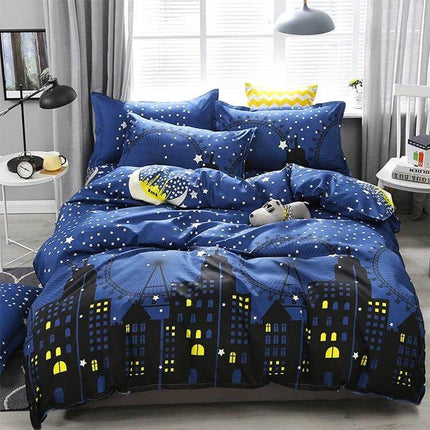 Printed Bedding Set 4Pc For 1.2-2.2m Beds With Pillowcases - navy blue city skyline duvet cover and two pillowcases, star moon print