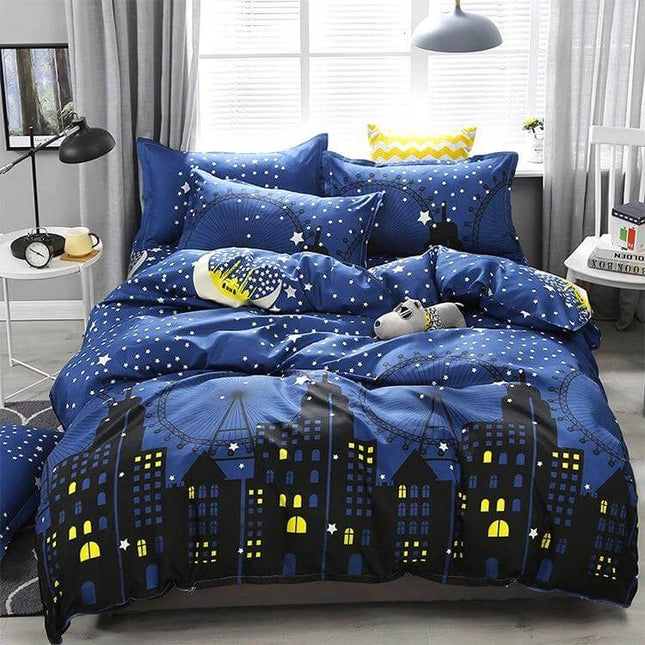 Printed Bedding Set 4Pc For 1.2-2.2m Beds With Pillowcases - navy blue city skyline duvet cover and two pillowcases, star moon print