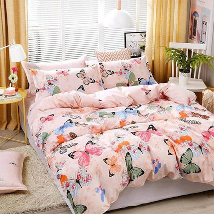 Printed Bedding Set 4Pc For 1.2-2.2m Beds With Pillowcases - pink butterfly print duvet cover, flat sheet and two pillowcases for multiple bed sizes