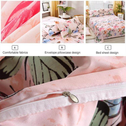 Printed Bedding Set 4Pc For 1.2-2.2m Beds With Pillowcases - butterfly print duvet cover, flat sheet and envelope pillowcases with zipper