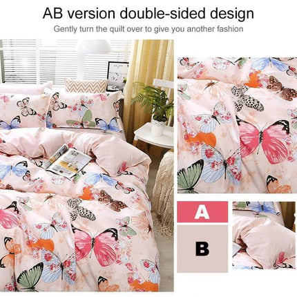 Printed Bedding Set 4Pc For 1.2-2.2m Beds With Pillowcases - pink butterfly print double-sided duvet cover set