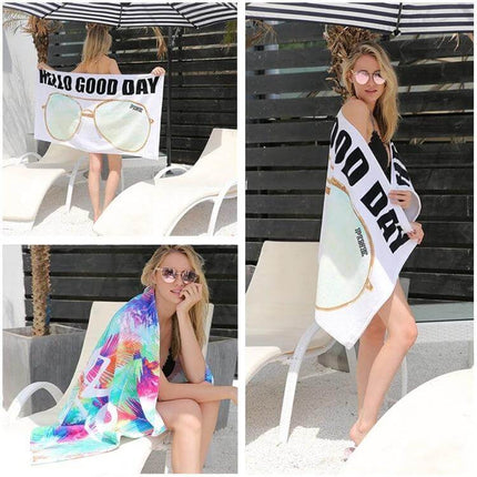 Printed Soft Bath Towel 147x71 cm For Home And Beach - woman wrapped in printed towel by pool and lounge chairs