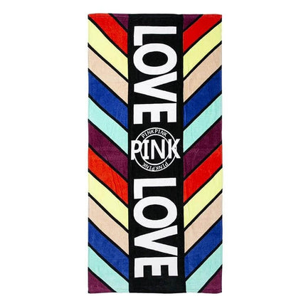 Printed Soft Bath Towel 147x71 cm For Home And Beach - colorful striped 'LOVE' beach towel with central PINK logo