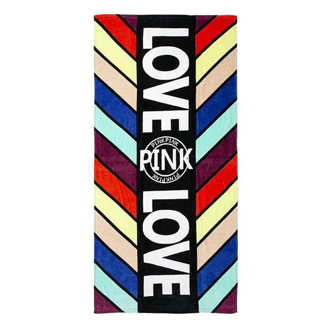 Printed Soft Bath Towel 147x71 cm For Home And Beach - colorful striped 'LOVE' beach towel with central PINK logo