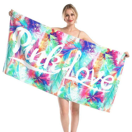 Printed Soft Bath Towel 147x71 cm For Home And Beach held by woman showing tropical print and 'Rock Love' text, two-sided high-density cut pile and fine loop