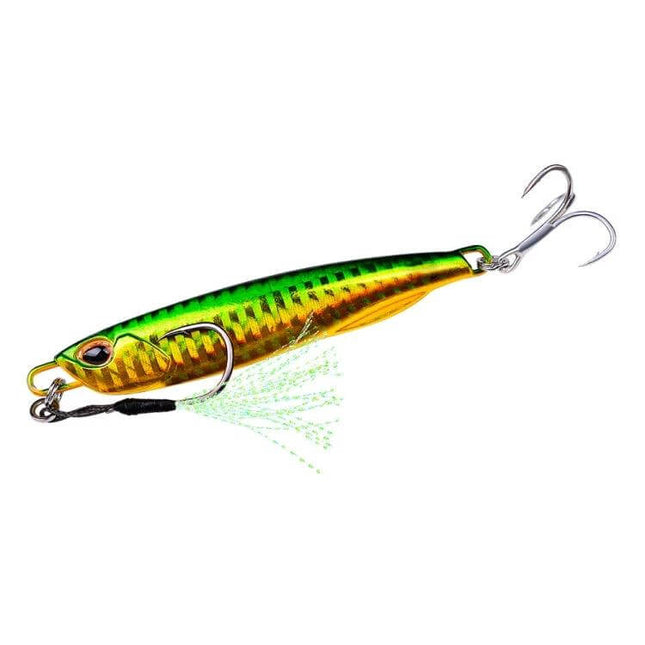 Proberos Metal Sea Fishing Bait 60g For Everyday Use reflective green-gold conical saltwater lure with treble hooks for coastal and deep-sea fishing
