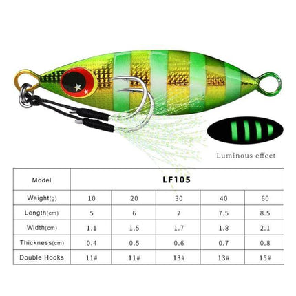 Proberos Sea Fishing Metal Bait 60g With Conical Reflective Profile - green striped luminous metal lure for deep saltwater and low-light fishing