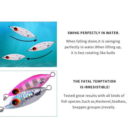 Proberos Sea Fishing Metal Bait 60g With Conical Reflective Profile - silver pink reflective lure swinging and rotating in water, ideal for dawn, night, deep sea fishing